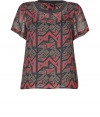 A stylish alternative to the classic tee, a geometric tribal print covers this ultra-cool silk top from Marc by Marc Jacobs - Round neckline, short sleeves, A-line silhouette, allover geometric print, semi-sheer - Loose fit - Pair with skinny jeans, a leather biker jacket, and high heel booties