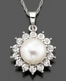 An explosion of beauty. This stunning necklace features cultured freshwater pearl (8-8/5 mm) and round-cut diamond accents set in 14k white gold. Approximate length: 18 inches. Approximate drop: 3/4 inch. An explosion of beauty. This stunning necklace features cultured freshwater pearl (8-8/5 mm) and round-cut diamond accents set in 14k white gold. Approximate length: 18 inches. Approximate drop: 3/4 inch.