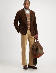 An essential trim fitting pant in luxe stretch corduroy is tailored with a slightly tapered leg, a flat front and a classic rise.Flat-front styleSide slash, back welt pocketsInseam, about 3198% cotton/2% elastaneMachine washImported An essential trim fitting pant in luxe stretch corduroy is tailored with a slightly tapered leg, a flat front and a classic rise.Flat-front styleSide slash, back welt pocketsInseam, about 3198% cotton/2% elastaneMachine washImported