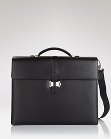 Crafted from black southern German full-grain calfskin, this triple-gusset briefcase is sleek fully loaded with pockets, for your PDA, 2 writing instruments, and small and medium documents. Crafted from black southern German full-grain calfskin, this triple-gusset briefcase is sleek fully loaded with pockets, for your PDA, 2 writing instruments, and small and medium documents.