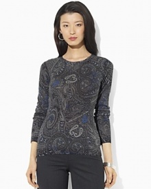 A vibrant paisley print lends a feminine flourish to the timeless Xenia crewneck sweater, crafted in an elegant silk-cashmere knit for chic versatility and a luxuriously soft texture.