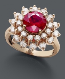 Ignite a style flame in red-hot color inspired by royalty. Effy Collection ring features a round-cut ruby (2-5/8 ct. t.w.) surrounded by a two rows of sparkling round-cut diamonds (1-1/3 ct. t.w.). Ring crafted in 14k rose gold. Ignite a style flame in red-hot color inspired by royalty. Effy Collection ring features a round-cut ruby (2-5/8 ct. t.w.) surrounded by a two rows of sparkling round-cut diamonds (1-1/3 ct. t.w.). Ring crafted in 14k rose gold.