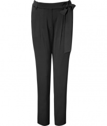 Extremely elegant and stylish trousers in black stretch silk - The perfect alternative to the classic suit pant - Wider cut at top with narrow tapering at legs - With decorative side bow at waist - Side pockets at hips - Pair with a blazer or wear solo with a silk top and strappy heels Extremely elegant and stylish trousers in black stretch silk - The perfect alternative to the classic suit pant - Wider cut at top with narrow tapering at legs - With decorative side bow at waist - Side pockets at hips - Pair with a blazer or wear solo with a silk top and strappy heels