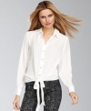 Sparkling rhinestone buttons and self-tie touches add romance to INC's classic petite shirt.