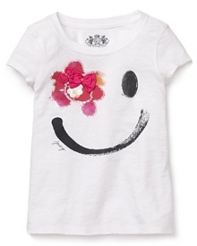 A Juicy grin marks the spot of this fun-to-wear crewneck tee that can't help make you smile. A Juicy grin marks the spot of this fun-to-wear crewneck tee that can't help make you smile.