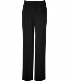 Luxurious pants made ​.​.of fine black wool stretch - New elegant silhouette with straight, wide legs as well as waist and pleats - Short waistband and side pockets - A classic AND a modern look that works fantastic for the office and leisure - Looks grown up, professional and dressed up - A classy basic that is suitable with blouses, tops, cardigans