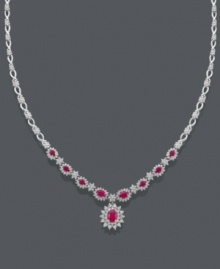 Turn your evening gown into an overall masterpiece with this sparkling accessory. Effy Collection necklace features oval-cut rubies (4-3/8 ct. t.w.) surrounded by sparkling halos of round-cut diamond (2-1/3 ct. t.w.). Set in 14k white gold. Approximate length: 17 inches. Approximate drop: 1 inch. Turn your evening gown into an overall masterpiece with this sparkling accessory. Effy Collection necklace features oval-cut rubies (4-3/8 ct. t.w.) surrounded by sparkling halos of round-cut diamond (2-1/3 ct. t.w.). Set in 14k white gold. Approximate length: 17 inches. Approximate drop: 1 inch.