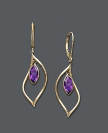 A regal look. Earrings feature bezel-set amethyst drops (1-3/4 ct. t.w.) crafted in a dainty 14k gold hoop setting. Approximate drop: 1-1/2 inches. A regal look. Earrings feature bezel-set amethyst drops (1-3/4 ct. t.w.) crafted in a dainty 14k gold hoop setting. Approximate drop: 1-1/2 inches.