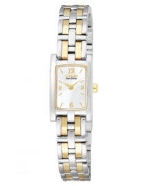 Elegant architecture makes a stylish statement. Goldtone and silvertone stainless steel bracelet and case. White dial with logo and polished goldtone indexes and indicators. Two hands. Solar powered movement. Splash resistant. Five-year limited warranty. Elegant architecture makes a stylish statement. Goldtone and silvertone stainless steel bracelet and case. White dial with logo and polished goldtone indexes and indicators. Two hands. Solar powered movement. Splash resistant. Five-year limited warranty.