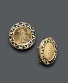 Wear it for all it's worth. Chic coins create a lively centerpiece in these crafty stud earrings. Edged by a cut-out Greek key pattern, this standout style will complement any look. Crafted in 14k gold. Approximate diameter: 1 inch. Wear it for all it's worth. Chic coins create a lively centerpiece in these crafty stud earrings. Edged by a cut-out Greek key pattern, this standout style will complement any look. Crafted in 14k gold. Approximate diameter: 1 inch.