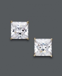 Over nine carats worth of brilliant sparkle! Arabella's luminous stud earrings will turn heads with princess-cut Swarovski zirconias (9-3/4 ct. t.w.). Post setting crafted in 14k gold. Approximate diameter: 8 mm.