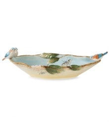 A charming part of any casual landscape, this fanciful Toulouse centerpiece bowl from Fitz and Floyd is brimming with life, from its sculpted blooms and colorful butterflies, to the birds perched on its twig edge. A charming part of any casual landscape, this fanciful Toulouse centerpiece bowl from Fitz and Floyd is brimming with life, from its sculpted blooms and colorful butterflies, to the birds perched on its twig edge.