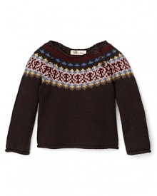 Get giddy over this sweet heritage-inspired sweater from Pearls & Popcorn, adorned with a rich fairisle print across chest and shoulders Get giddy over this sweet heritage-inspired sweater from Pearls & Popcorn, adorned with a rich fairisle print across chest and shoulders