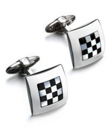 Ready, set, style! The perfect accent for the fashionable business man, these sleek square cuff links feature a sterling silver setting with an onyx (10-3/4 ct. t.w.) and Mother of Pearl checkerboard center. Approximate diameter: 5/8 inch. Ready, set, style! The perfect accent for the fashionable business man, these sleek square cuff links feature a sterling silver setting with an onyx (10-3/4 ct. t.w.) and Mother of Pearl checkerboard center. Approximate diameter: 5/8 inch.