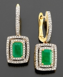 Experience opulance with these gorgeous earrings featuring emerald-cut emerald (1-1/10 ct. t.w.) and diamond accents set in 14k gold. Approximate drop: 3/4 inches.