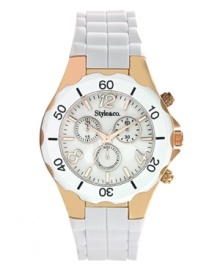 Light up a room with this lovely watch by Style&co. White silicone bracelet and gold-plated mixed metal case with white bezel. Mother-of-pearl dial features applied gold tone numerals at twelve, four and eight o'clock, stick indices, minute track, three subdials, luminous hands and logo. Quartz movement. Splash resistant. Two-year limited warranty.