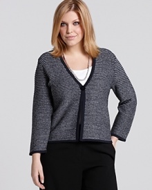 Flaunt relaxed office style in this day-perfect striped cardigan from Jones New York Collection, featuring fine metallic threads. Flaunt relaxed office style in this day-perfect striped cardigan from Jones New York Collection, featuring fine metallic threads.