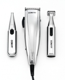 Make the cut in the comfort of your home. Packed with everything you need to trim, shape, groom and detail, this kit tackles the most precarious places on your face, from ears to nose to tricky contours of the head. With guide combs, styling clips, a barber cape & more, it's easy to look great every day. 5-year warranty on clipper; 2-year warranty on trimmer. Model HCT401.