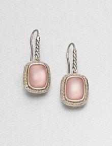 From the Noblesse Collection. A pretty pink chalcedony cabochon surrounded by brilliant diamonds set in sterling silver. Pink chalcedonyDiamonds, .42 tcwSterling silverLength, about .39Hook backImported From the Noblesse Collection. A pretty pink chalcedony cabochon surrounded by brilliant diamonds set in sterling silver. Pink chalcedonyDiamonds, .42 tcwSterling silverLength, about .39Hook backImported