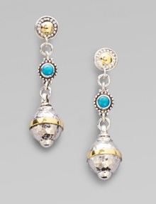 From the Aspasia Collection. Hammered round bead dangles from the ear with 18K yellow gold and turquoise detailing.Turquoise 18K yellow gold Sterling silver Length, about 1½ Post backs Made in Greece 