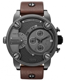 Classic leather lends a stylish touch to this industrial-tough chronograph watch from Diesel.