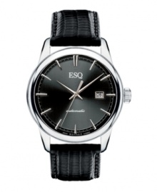 Luxury emanates from every rich detail of this exquisite Chronicle watch by ESQ by Movado. Black teju lizard-embossed leather strap and round stainless steel case with exhibition back and sapphire crystal. Anthracite gray dial features applied silvertone stick indices, printed minute track, date window at three o'clock, silvertone hands and logo at twelve o'clock. Swiss automatic movement. Water resistant to 50 meters. Two-year limited warranty. Luxury emanates from every rich detail of this exquisite Chronicle watch by ESQ by Movado. Black teju lizard-embossed leather strap and round stainless steel case with exhibition back and sapphire crystal. Anthracite gray dial features applied silvertone stick indices, printed minute track, date window at three o'clock, silvertone hands and logo at twelve o'clock. Swiss automatic movement. Water resistant to 50 meters. Two-year limited warranty.