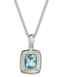 Ocean hues. This pretty pendant features a chic cushion shape that highlights a blue topaz stone (6-1/2 ct. t.w.) bezel set in sterling silver with a matching chain. Approximate length: 18 inches. Approximate drop: 1/2 inch. Ocean hues. This pretty pendant features a chic cushion shape that highlights a blue topaz stone (6-1/2 ct. t.w.) bezel set in sterling silver with a matching chain. Approximate length: 18 inches. Approximate drop: 1/2 inch.