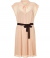 Get the of-the-moment look with this vintage-inspired chiffon dress from Hoss Intropia - Rounded neck with tie detail, sleeveless, contrasting grosgrain ribbon tie belt, sheer overlay with pleated skirt, solid underlay, decorative piping trim - Pair with fishnet stockings, peep-toe platforms, and a slim trench