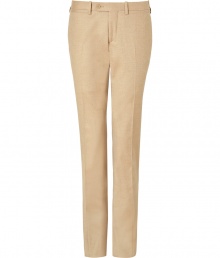 A neutral hue covers these ultra-elegant dandyish suit pants from Neil Barrett - Button tab waist, belt loops, off-seam pockets, back welt pockets with button, super slim leg with crease detail - Wear with a cashmere sweater or striped button down and a matching blazer