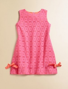 Delicate lace lends feminine charm to this A-line frock with bows for added allure.JewelneckSleevelessBack zipperSide-vented hem with bowCottonMachine washImported Delicate lace lends feminine charm to this A-line frock with bows for added allure.JewelneckSleevelessBack zipperSide-vented hem with bowCottonMachine washImported