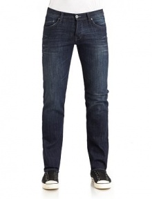 THE LOOKMedium dark wash blue denimNarrow waistband with belt loops and logo button closureFront zipperFive-pocket styleFaded detailsStraight leg silhouetteBack waist logo patchBack pocket decorative stitching THE FITRise, about 9Inseam, about 32THE MATERIAL99% cotton/1% spandexCARE & ORIGINMachine washImported THE LOOKMedium dark wash blue denimNarrow waistband with belt loops and logo button closureFront zipperFive-pocket styleFaded detailsStraight leg silhouetteBack waist logo patchBack pocket decorative stitching THE FITRise, about 9Inseam, about 32THE MATERIAL99% cotton/1% spandexCARE & ORIGINMachine washImported