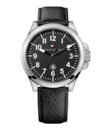 A goes-with-everything, all-American timepiece. Watch by Tommy Hilfiger crafted of black leather strap and round silver tone mixed metal case. Black dial features applied numerals, stick indices, date window, three hands and logo. Quartz movement. Water resistant to 30 meters. Ten-year limited warranty.