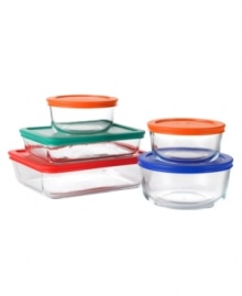 From inception to production, your food and ingredients can live in Pyrex's storage set, non-porous containers with easy-stack lids that can be used in baking, microwaving, serving and storage. Each size container features a colored lid that makes it easy to spot and organize. 2-year limited warranty. From inception to production, your food and ingredients can live in Pyrex's storage set, non-porous containers with easy-stack lids that can be used in baking, microwaving, serving and storage. Each size container features a colored lid that makes it easy to spot and organize. 2-year limited warranty.
