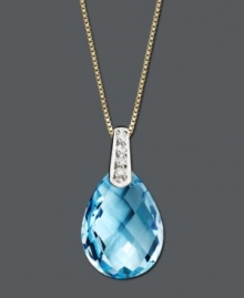 Add a pop of bright blue color. This beautiful pendant features pear-cut blue topaz (6-1/5 ct. t.w.) with sparkling diamond accents at the bail. Crafted in 14k gold. Approximate length: 18 inches. Approximate drop: 3/4 inch. Add a pop of bright blue color. This beautiful pendant features pear-cut blue topaz (6-1/5 ct. t.w.) with sparkling diamond accents at the bail. Crafted in 14k gold. Approximate length: 18 inches. Approximate drop: 3/4 inch.