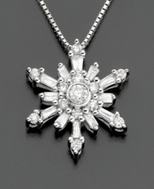 This diamond necklace has a touch of winter ice to punch up any look. Sparkling baguette-cut and round-cut diamonds (3/8 ct. t.w.) form a glittering snowflake design. Set in 14k white gold. Chain measures 17 inches. This diamond necklace has a touch of winter ice to punch up any look. Sparkling baguette-cut and round-cut diamonds (3/8 ct. t.w.) form a glittering snowflake design. Set in 14k white gold. Chain measures 17 inches.