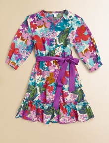 Splashy floral print and ruffled hem give this above-the-knee Kimono-inspired style a tropical twist.Front button closureRibbon tie at elastic waistGently pleated A-line skirtPolyesterMachine washImported Splashy floral print and ruffled hem give this above-the-knee Kimono-inspired style a tropical twist.Front button closureRibbon tie at elastic waistGently pleated A-line skirtPolyesterMachine washImported