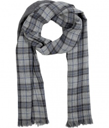Forever-favorite plaid gets a kick of contemporary cool in Closeds cool blue accented scarf - Fringed edges, solid charcoal heather reverse - Team with modern coats and sleek leather gloves, or wear indoors over soft pullovers and everyday favorite slim legged trousers Forever-favorite plaid gets a kick of contemporary cool in Closeds cool blue accented scarf - Fringed edges, solid charcoal heather reverse - Team with modern coats and sleek leather gloves, or wear indoors over soft pullovers and everyday favorite slim legged trousers