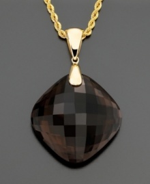 A standout style that enhances every look. A glamorous cushion-cut smoky quartz (54 ct. t.w.) dangles from a polished 14k gold bale and rope chain. Approximate length: 18 inches. Approximate drop: 1-3/4 inches. A standout style that enhances every look. A glamorous cushion-cut smoky quartz (54 ct. t.w.) dangles from a polished 14k gold bale and rope chain. Approximate length: 18 inches. Approximate drop: 1-3/4 inches.