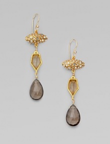 Faceted drops of smoky quartz and moonstone hang elegantly from Swarovski crystal-encrusted oval medallions.Smoky quartz, moonstone and crystal18k goldplatedDrop, about 2¼Ear wireMade in USA Faceted drops of smoky quartz and moonstone hang elegantly from Swarovski crystal-encrusted oval medallions.Smoky quartz, moonstone and crystal18k goldplatedDrop, about 2¼Ear wireMade in USA