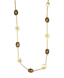 Great lengths: Jones New York's long chain necklace is elegantly enhanced by smoky topaz-hued stones and disc accents. Crafted in gold tone mixed metal with plastic stones. Approximate length: 36 inches. Great lengths: Jones New York's long chain necklace is elegantly enhanced by smoky topaz-hued stones and disc accents. Crafted in gold tone mixed metal with plastic stones. Approximate length: 36 inches.
