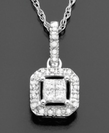 Spotlight on shine: this beautiful 14k white gold pendant features sparkling round-cut diamonds (1/4 ct. t.w.). Approximate length: 16 inches. Approximate drop: 1/2 inches. Spotlight on shine: this beautiful 14k white gold pendant features sparkling round-cut diamonds (1/4 ct. t.w.). Approximate length: 16 inches. Approximate drop: 1/2 inches.