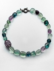 A colorful strand of flourite beads accented with a amethyst encrusted bead. AmethystMulti-colored flouriteRhodium-plated sterling silverLength, about 18Spring ring closureImported A colorful strand of flourite beads accented with a amethyst encrusted bead. AmethystMulti-colored flouriteRhodium-plated sterling silverLength, about 18Spring ring closureImported