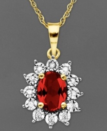Regal and resplendent. An oval-cut ruby (1-1/8 ct. t.w.) and round-cut diamond accents adorn this royalty-inspired pendant. Crafted in 14k gold. Approximate length: 18 inches. Approximate drop: 5/8 inch. Regal and resplendent. An oval-cut ruby (1-1/8 ct. t.w.) and round-cut diamond accents adorn this royalty-inspired pendant. Crafted in 14k gold. Approximate length: 18 inches. Approximate drop: 5/8 inch.