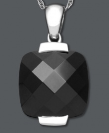 Simply stunning. All it takes is a bold drop of color to inspire your look. This sterling silver pendant features a cushion-cut onyx (14 mm) on a delicate chain. Approximate length: 18 inches. Approximate drop: 1 inch. Simply stunning. All it takes is a bold drop of color to inspire your look. This sterling silver pendant features a cushion-cut onyx (14 mm) on a delicate chain. Approximate length: 18 inches. Approximate drop: 1 inch.