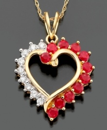 Sparkling, rosy style. This pendant features round-cut ruby (1 ct. t.w.) and round-cut diamond (1/6 ct. t.w.) set in 14k gold. Approximate length: 18 inches. Approximate drop: 1 inch. Sparkling, rosy style. This pendant features round-cut ruby (1 ct. t.w.) and round-cut diamond (1/6 ct. t.w.) set in 14k gold. Approximate length: 18 inches. Approximate drop: 1 inch.