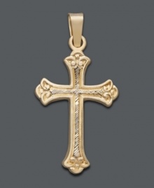 Express your faith with a little extra flourish. This beautiful cross pendant features an intricate Florentine design in 14k gold. Approximate drop width: 1/2 inch. Approximate drop length: 1 inch. Express your faith with a little extra flourish. This beautiful cross pendant features an intricate Florentine design in 14k gold. Approximate drop width: 1/2 inch. Approximate drop length: 1 inch.