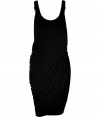 Ultra-chic dress in fine, pure black viscose - Soft, summer weight material hangs beautifully - Elegant, all-over drape detail and asymmetric cut - Tank- style bodice with round neckline and contrast black straps - Slim, curve-hugging silhouette with gathered waist - Slit skirt hits above the knee - Sexy and sporty, casually polished for day or evening - Pair with flat leather sandals or wedges