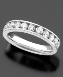Radiant round-cut diamonds (1 ct. t.w.) are displayed in a classic channel setting on this 14k white gold ring. Radiant round-cut diamonds (1 ct. t.w.) are displayed in a classic channel setting on this 14k white gold ring.
