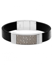 Add a designer element to your style. Emporio Armani's refined bracelet features the signature logo emblazoned in stainless steel with a transparent grey lacquer finish. Bracelet band is crafted in sleek black leather. Approximate length: 7-1/2 inches. Add a designer element to your style. Emporio Armani's refined bracelet features the signature logo emblazoned in stainless steel with a transparent grey lacquer finish. Bracelet band is crafted in sleek black leather. Approximate length: 7-1/2 inches.