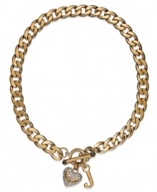 Gilded glamour, by Juicy Couture. This chunky collar necklace glistens with crystal accents and heart/logo charms. Chain crafted in gold tone stainless steel. Charms crafted in gold tone brass with toggle clasp. Approximate length: 16 inches. Approximate drop: 1-1/2 inches.